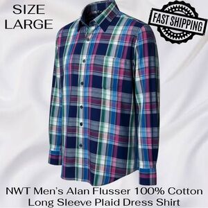 NWT Alan Flusser Cotton Long Sleeve Plaid Dress Shirt Mens Large FREE SHIPPING